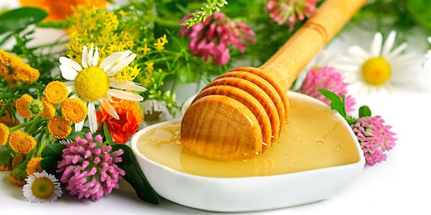 Цветочный мед в белой емкости рядом с полевыми цветами